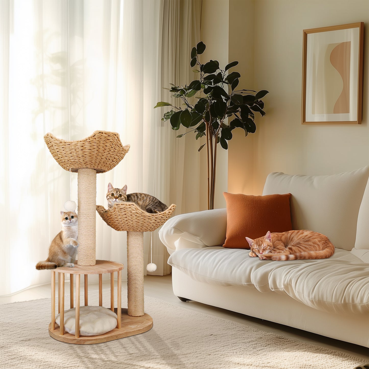 Cat Tower Tree: 3-tier Cat Tree Activity Tower Condo Furniture with Plush Cushion Cozy Rest Dangling Ball Sisal Scratching Post for Indoor Cats