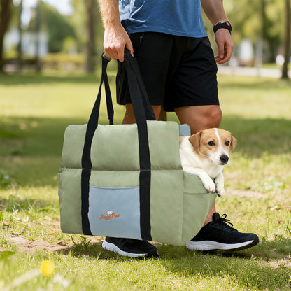 Puppy Travel Carrier Bed: Dog Booster Car Seat Pet Travel Carrier Bed with Safety Belt, Storage Pocket for Vehicles, Shoulder Strap/ Handle