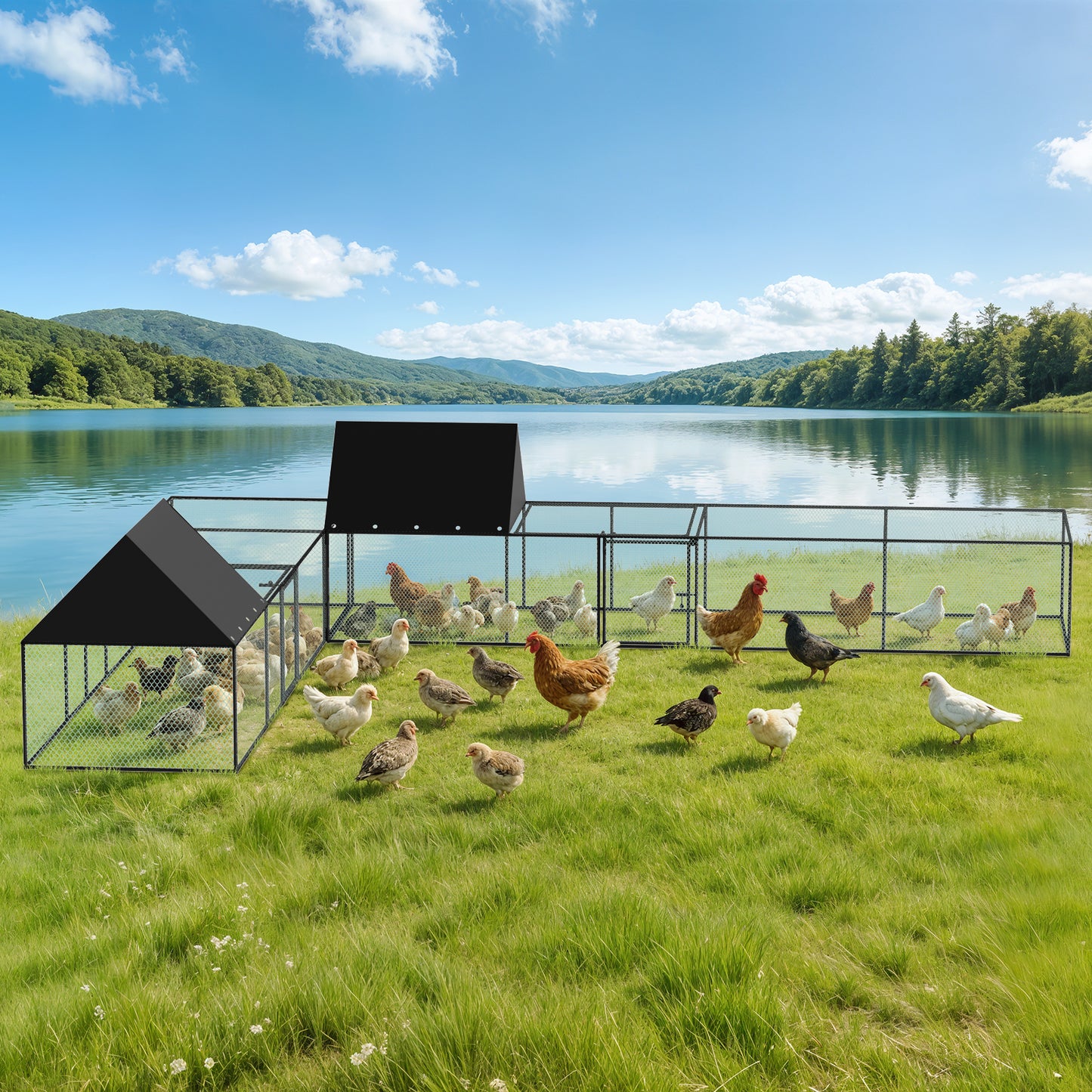 Metal Chicken Coop Outdoor Walk-In Hen House, Small Chicken Cage with Roof Cover, Heavy Duty Poultry Run Pen for Ducks and Quails