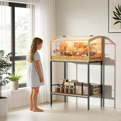 Hamster Cage with Stand: Indoor Wooden Hamster Cage Habitat Enclosure with Shelf Clear Tempered Glass Panel, Built-in LED Lights, for Gerbil, Hedgehog, Chew-proof