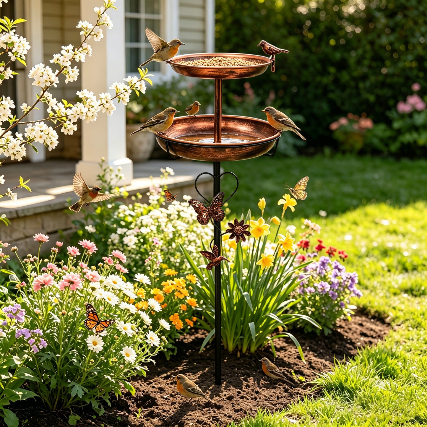 2 Tier Outdoor Bird Bath and Feeder, Decorative Standing Bird Bath for Outside Yard, Heavy Duty Garden Bird Feeder Station, Aged Bronze