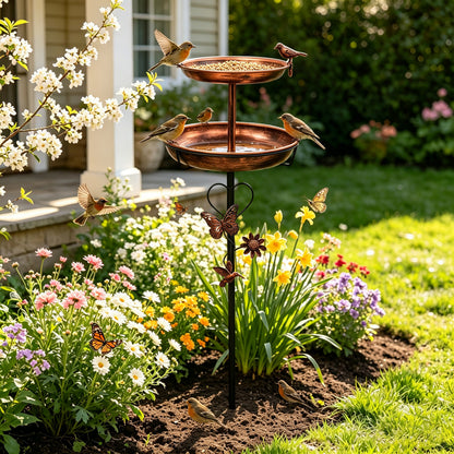 2 Tier Outdoor Bird Bath and Feeder, Decorative Standing Bird Bath for Outside Yard, Heavy Duty Garden Bird Feeder Station, Aged Bronze