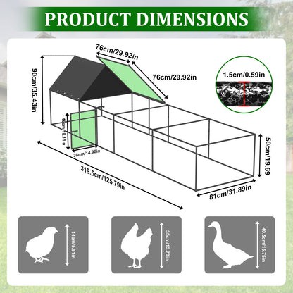 Metal Chicken Coop Outdoor Walk-In Hen House, Small Chicken Cage with Roof Cover, Heavy Duty Poultry Run Pen for Ducks and Quails