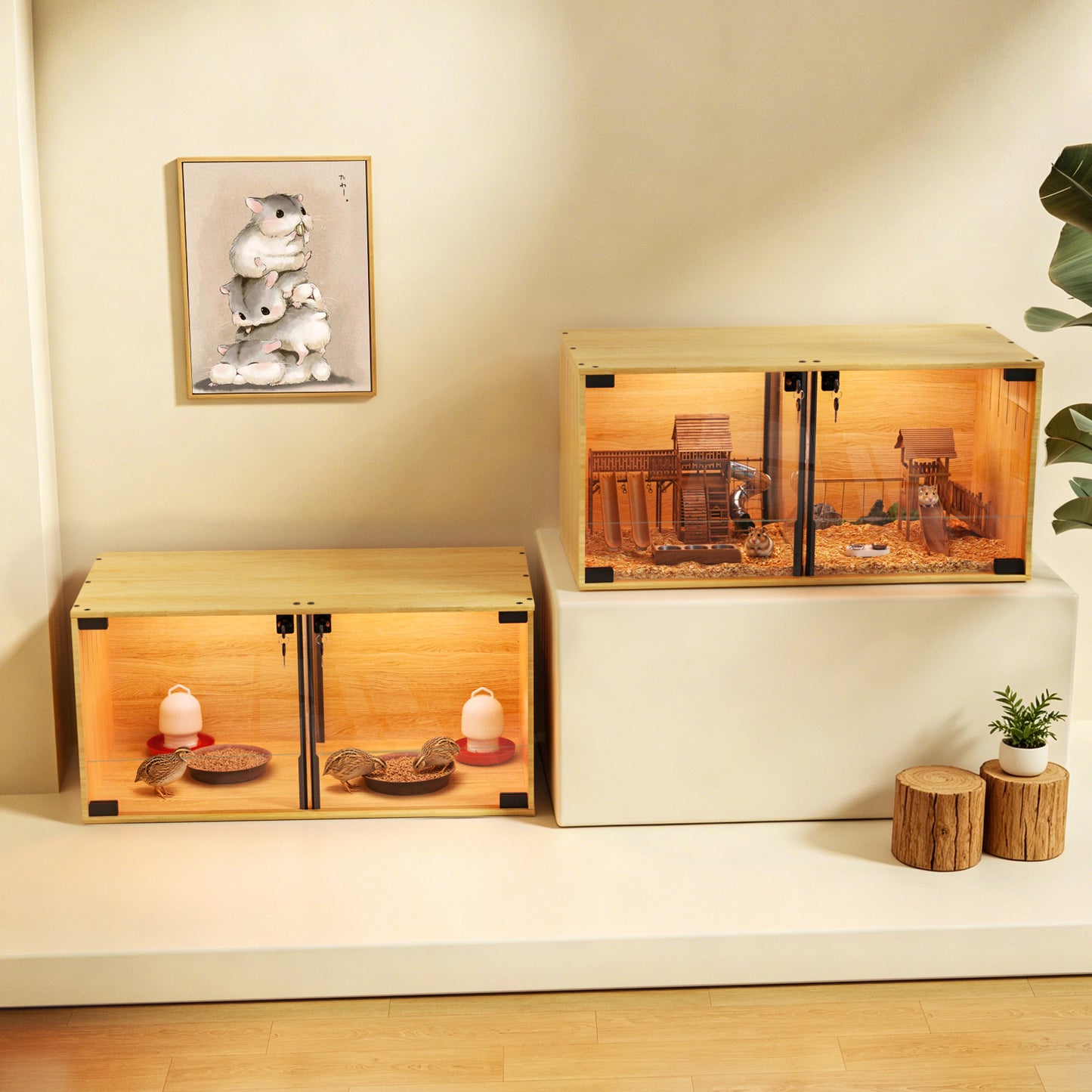 Wooden Pet Cage: Natural Wooden Hamster Guinea Pigs Cage Hedgehogs Enclosure with Tempered Glass Panels, Built-in LED Light, for Small Pets