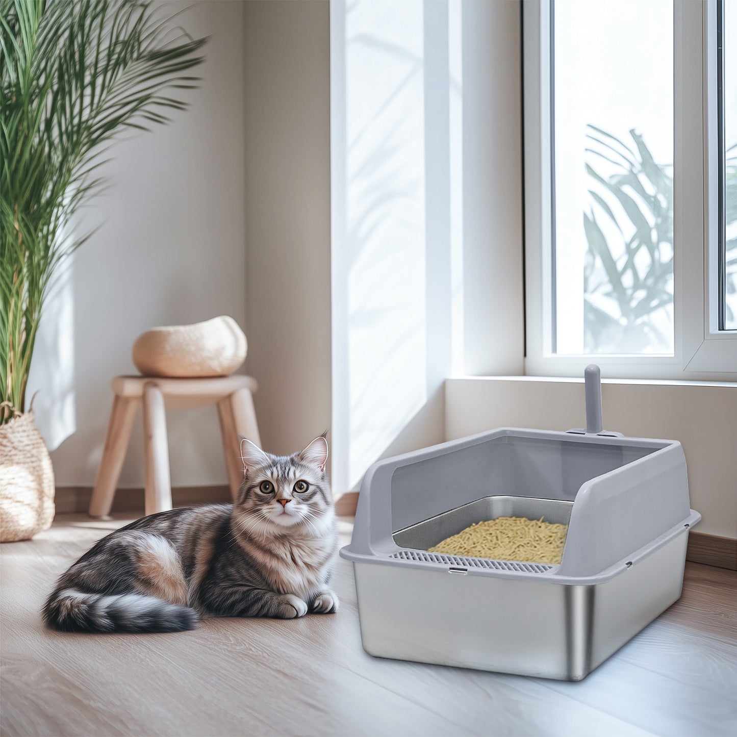 Stainless Steel Cat Litter Box High Sided Pan with Spoon for Cats, Easy to Clean