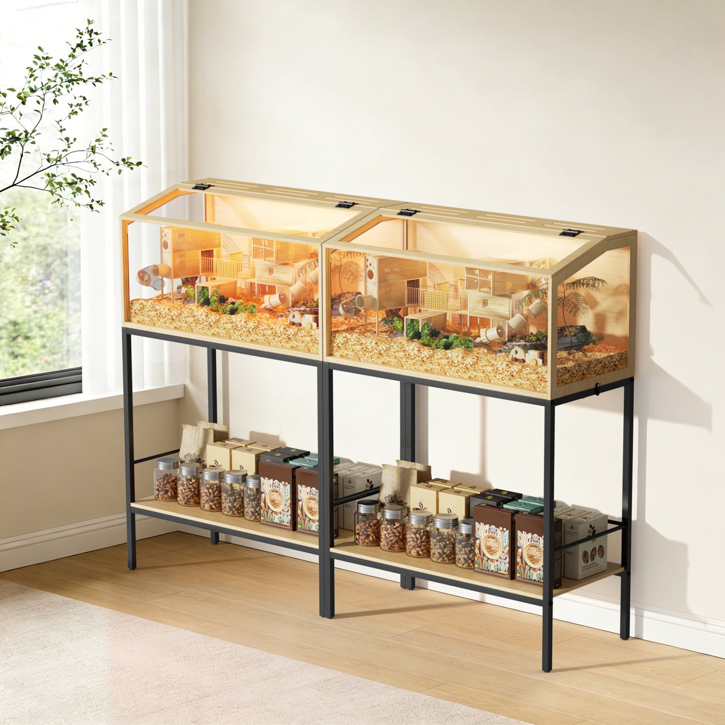 Hamster Cage with Stand: Indoor Wooden Hamster Cage Habitat Enclosure with Shelf Clear Tempered Glass Panel, Built-in LED Lights, for Gerbil, Hedgehog, Chew-proof