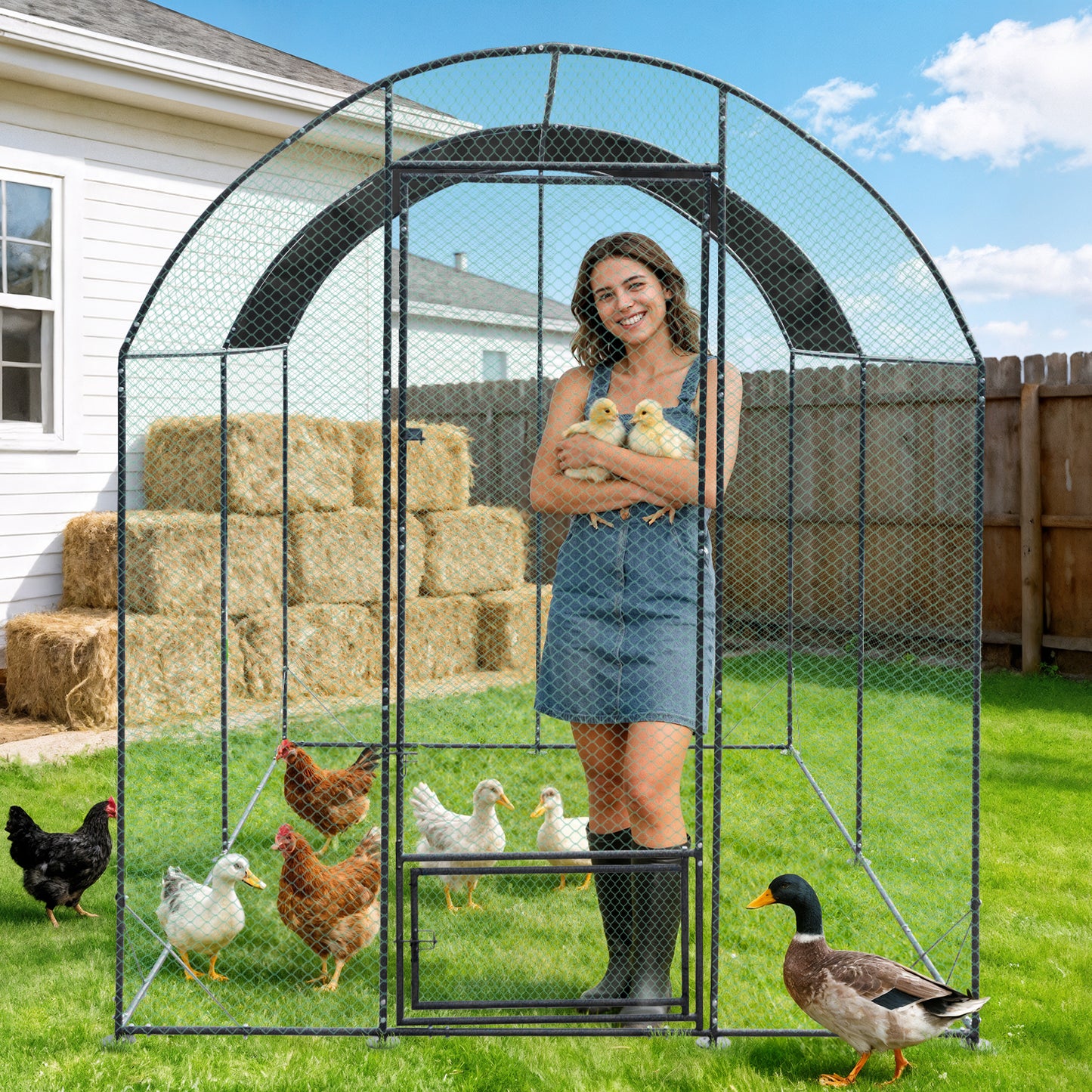 Walk in Chicken Coop Run, Large Metal Chicken Coop with Roof Cover, Outdoor Chicken Pens with Top, Heavy Duty Steel Poultry Enclosure for Backyard Farm