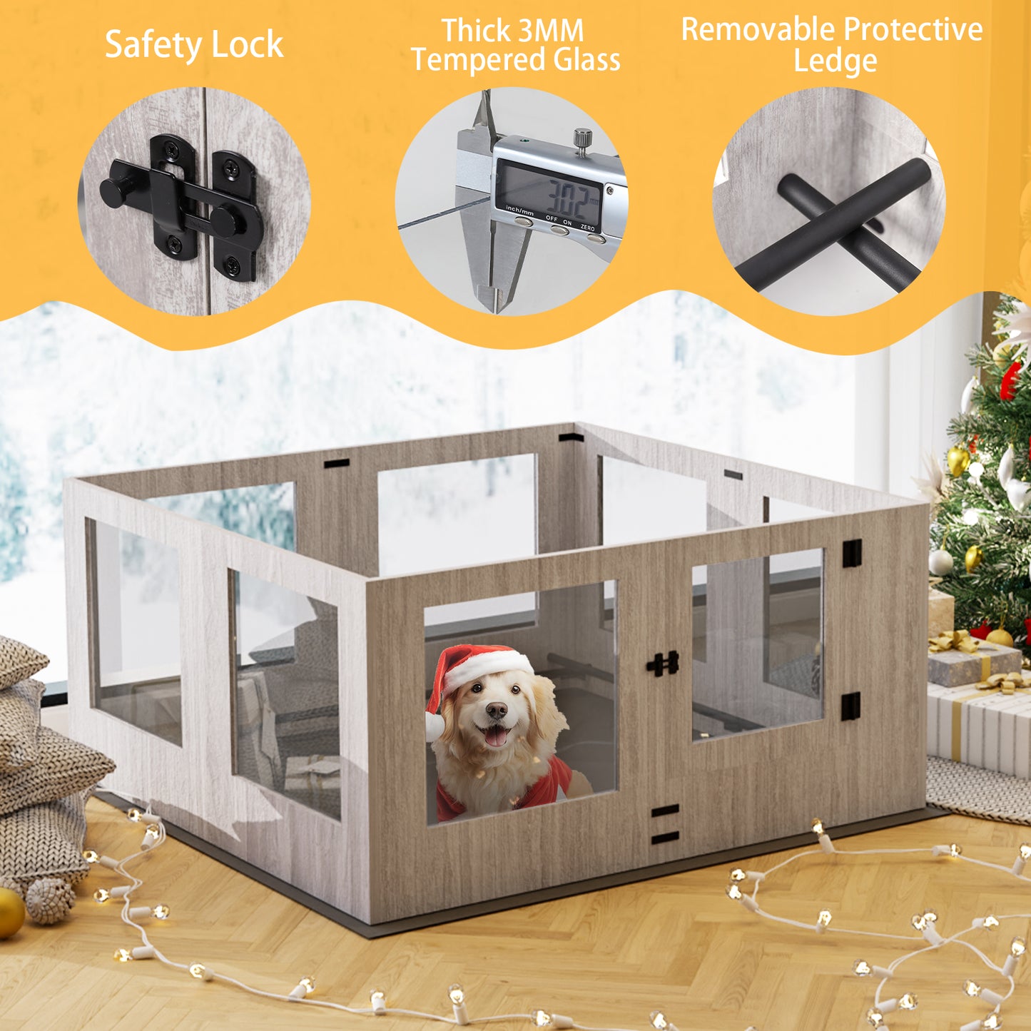 Tempered Glass Dog Playpen: Indoor Pet Whelping Pen Box Protective Ledge Inside Dog Playpen for Newborn Puppies