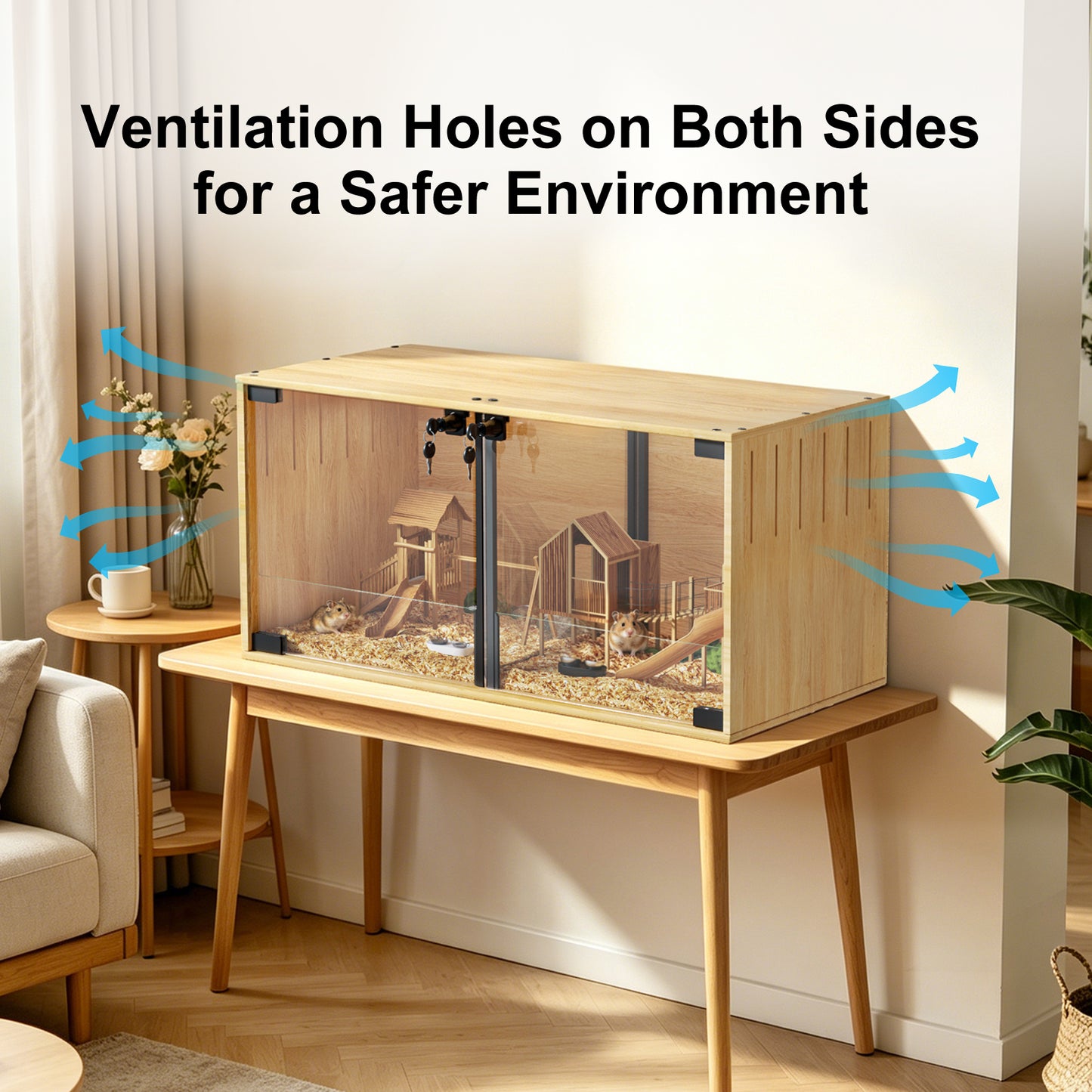 Wooden Pet Cage: Natural Wooden Hamster Guinea Pigs Cage Hedgehogs Enclosure with Tempered Glass Panels, Built-in LED Light, for Small Pets
