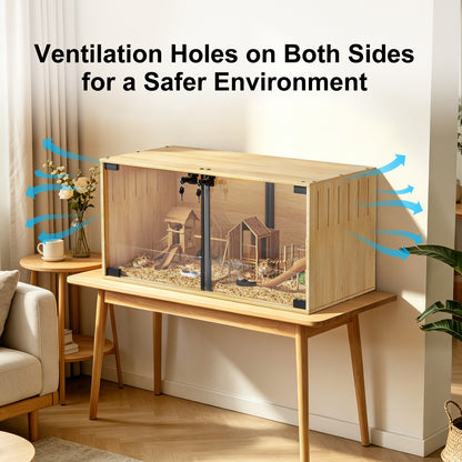 Wooden Pet Cage: Natural Wooden Hamster Guinea Pigs Cage Hedgehogs Enclosure with Tempered Glass Panels, Built-in LED Light, for Small Pets