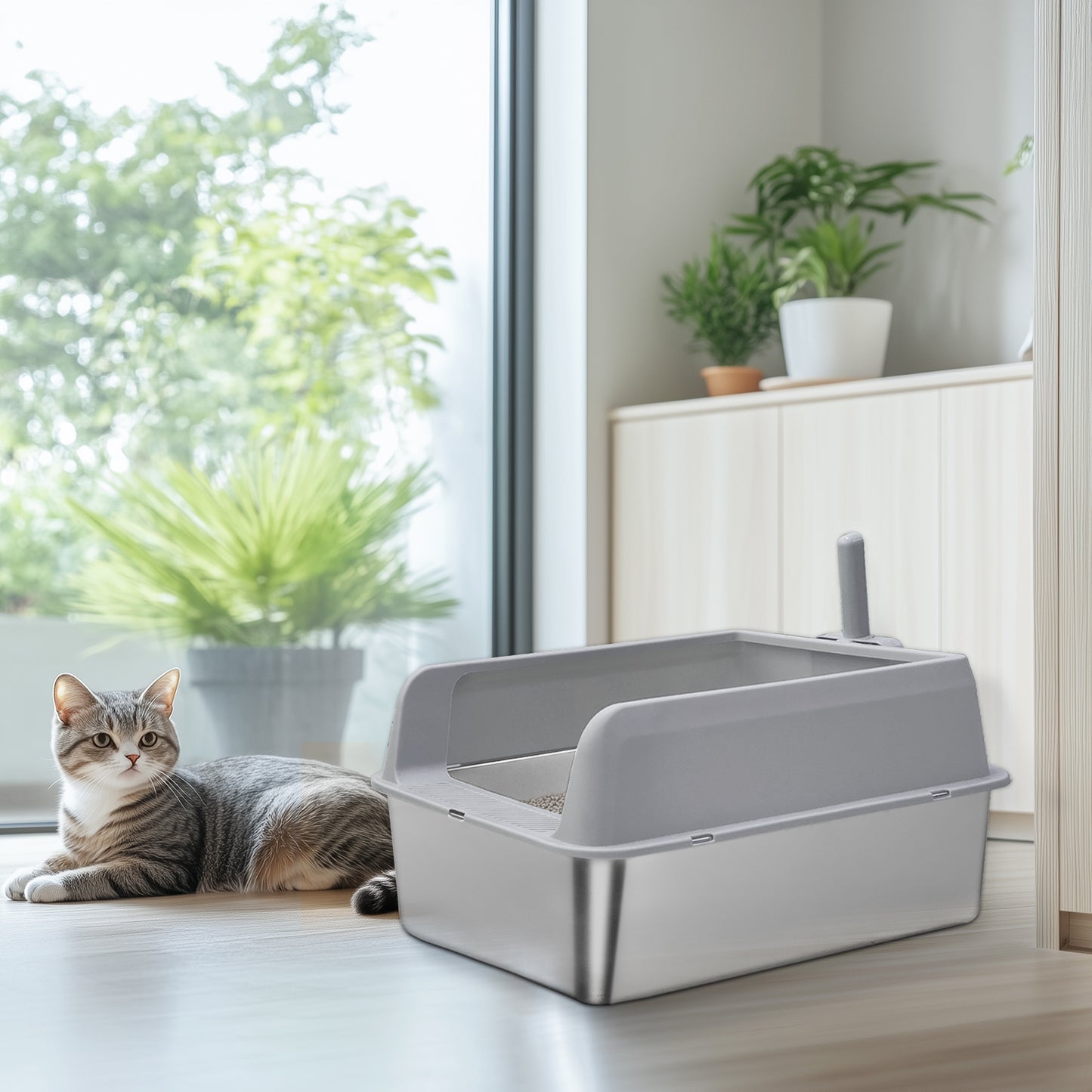 Stainless Steel Cat Litter Box High Sided Pan with Spoon for Cats, Easy to Clean