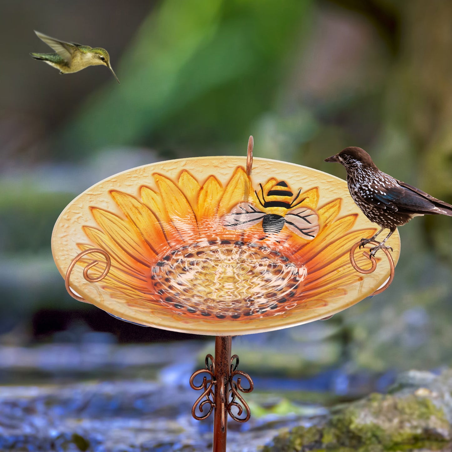 24.8” Tall Garden Glass Bird Bath Bird Feeder with Metal Stake Birdbaths Fountain