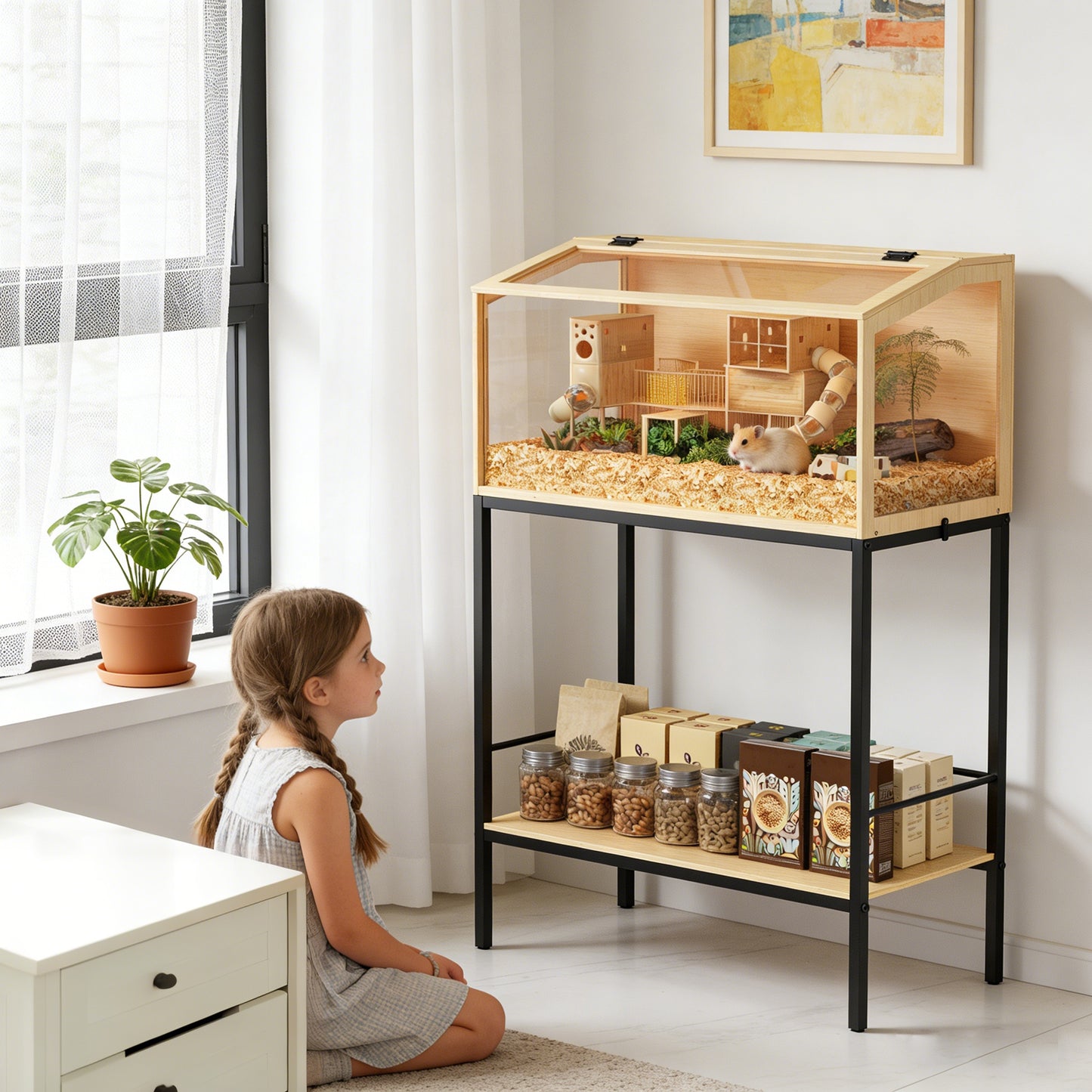 Hamster Cage with Stand: Indoor Wooden Hamster Cage Habitat Enclosure with Shelf Clear Tempered Glass Panel, Built-in LED Lights, for Gerbil, Hedgehog, Chew-proof