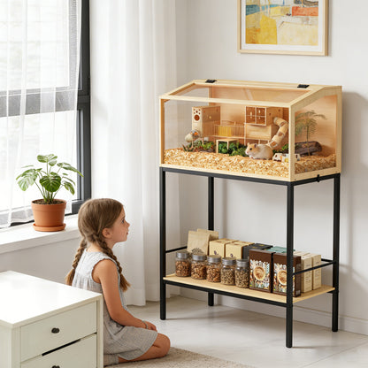 Hamster Cage with Stand: Indoor Wooden Hamster Cage Habitat Enclosure with Shelf Clear Tempered Glass Panel, Built-in LED Lights, for Gerbil, Hedgehog, Chew-proof