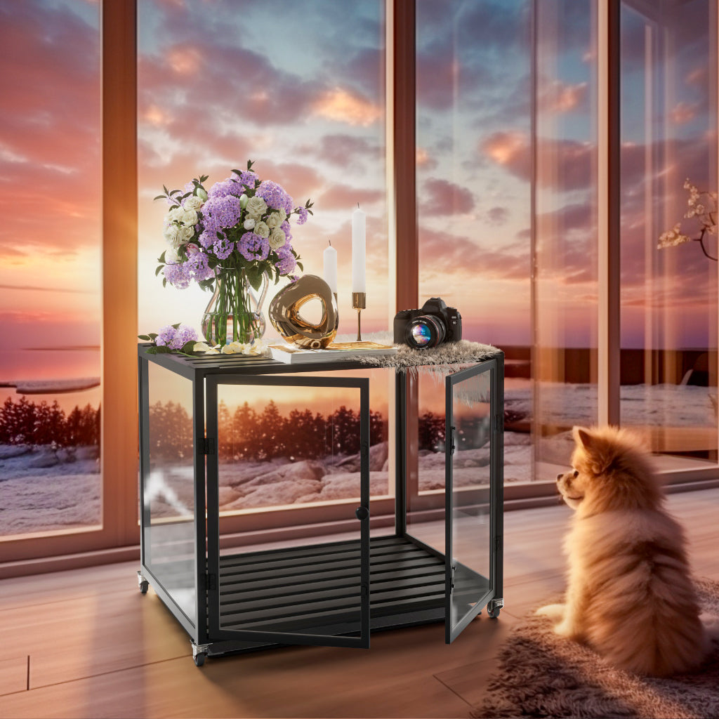 Self-Innovative Dog Cage: Bingopaw First Tempered Glass Dog Pet Cage Dog Kennel  Aluminum Frame with Dual Doors and Removable Tray, for Medium to Large Dogs