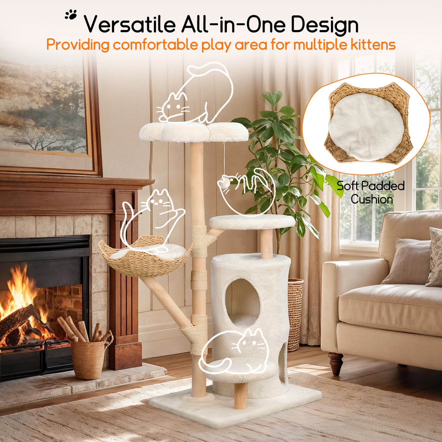 2025 NEW 56 Inches Modern Cat Tree Tower with Basket and Perch, Cat Furniture for Big Cats