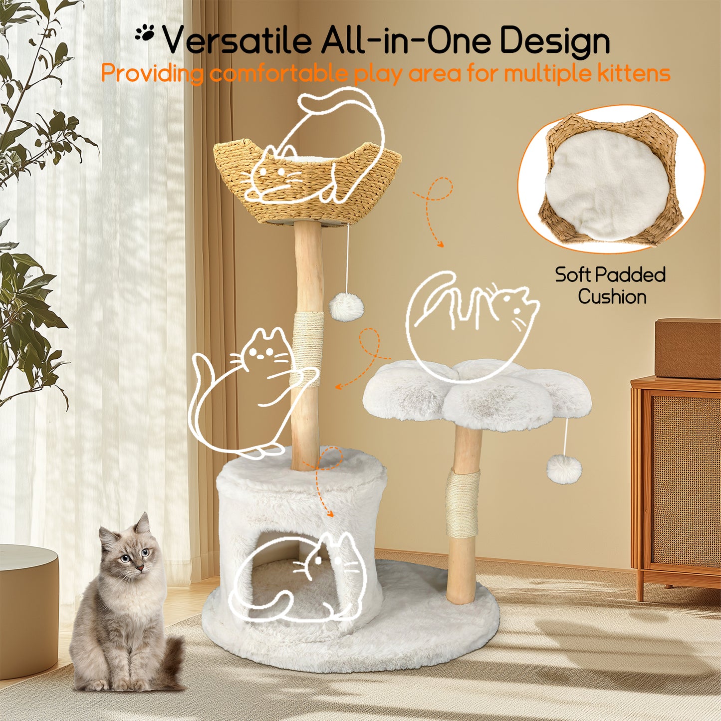 Cat Tree Tower for Indoor Cat Scratching Post Activity Tree Cat Condo Plush Cave