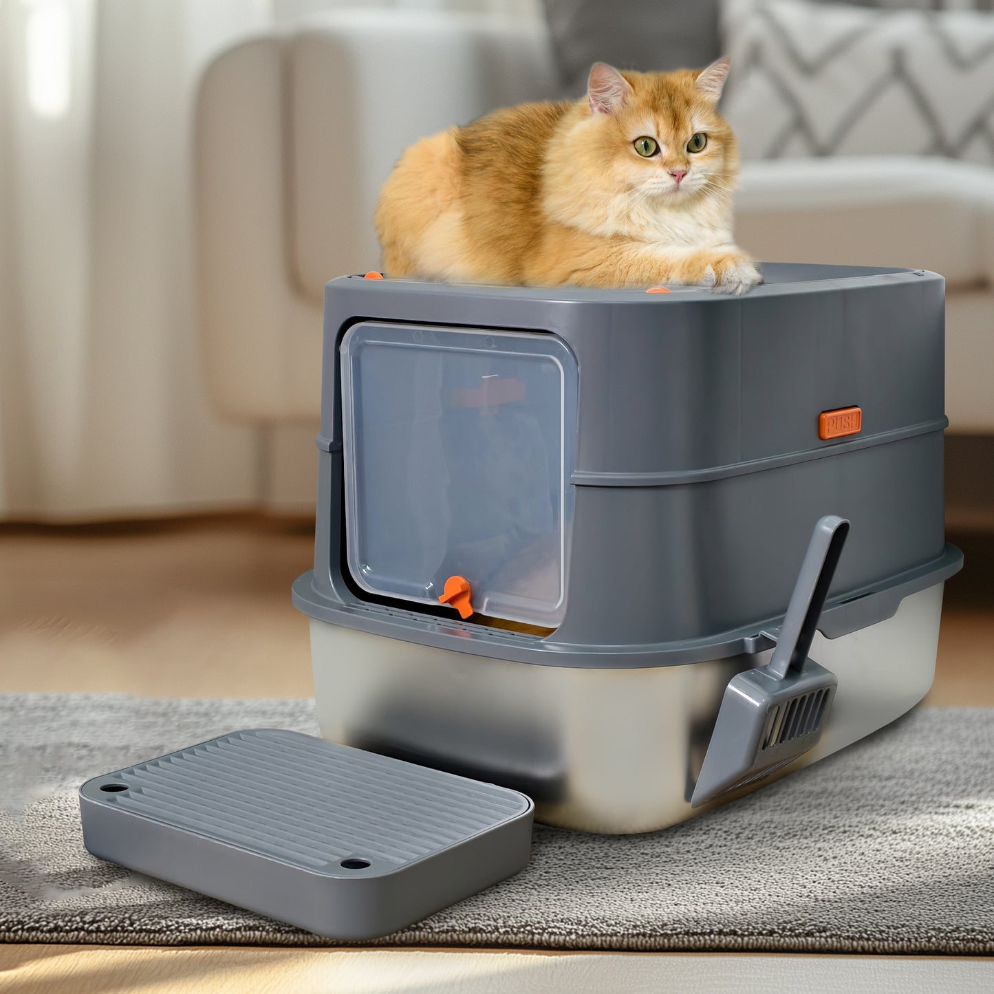 Cat Litter Box: Enclosed Cat Kitty Litter Box with Stainless Steel Tray Pan, Front Top Exit Toilet Boxes with Removable Lid, Non Stick, No Smell, Scoop Included