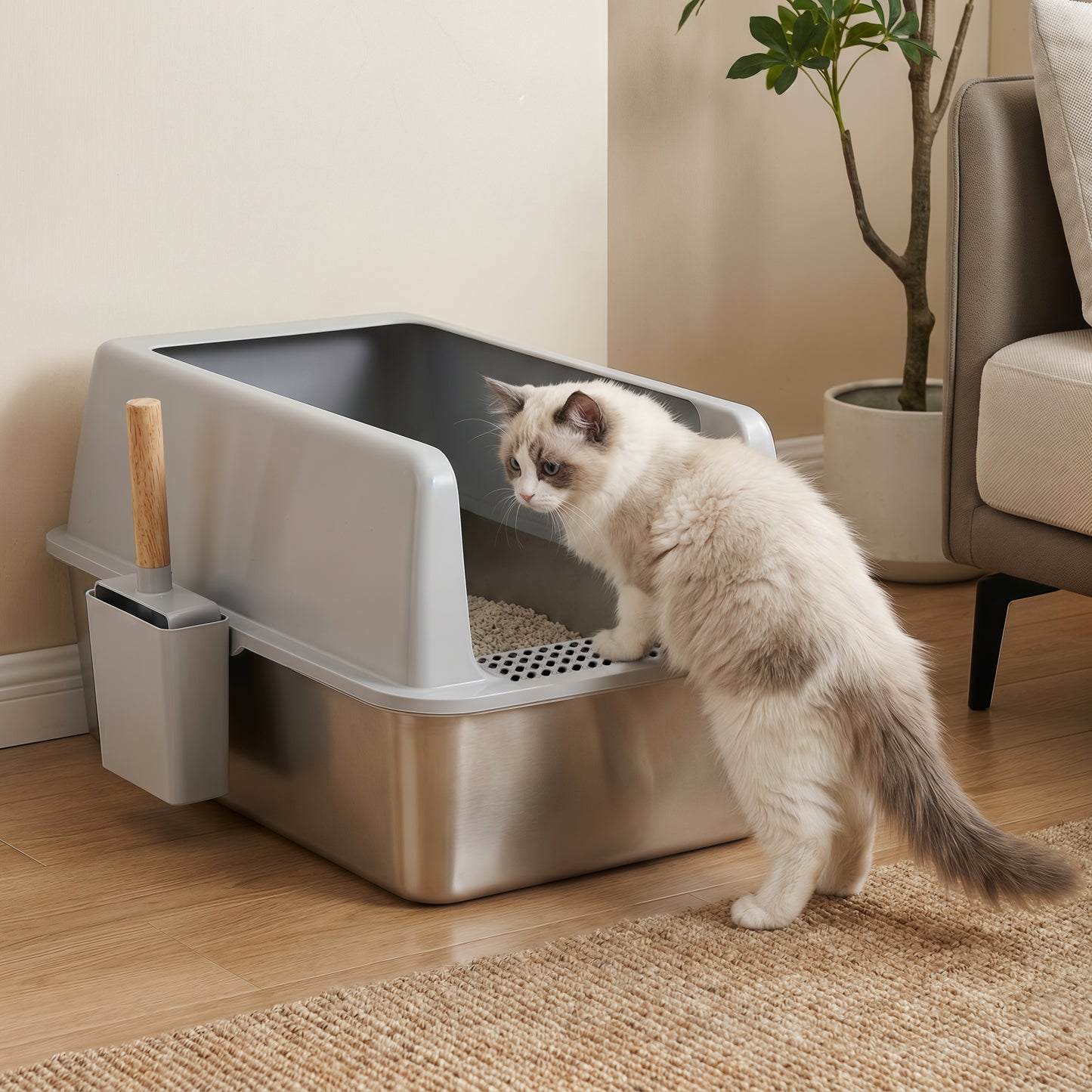 Stainless Steel Cat Litter Box High Sided Open Tray with Litter Mat for Kittens