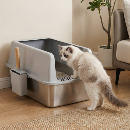 Stainless Steel Cat Litter Box High Sided Open Tray with Litter Mat for Kittens