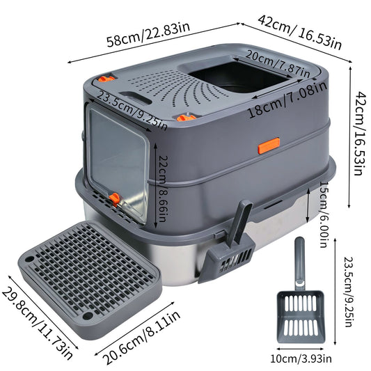 Cat Litter Box: Enclosed Cat Kitty Litter Box with Stainless Steel Tray Pan, Front Top Exit Toilet Boxes with Removable Lid, Non Stick, No Smell, Scoop Included