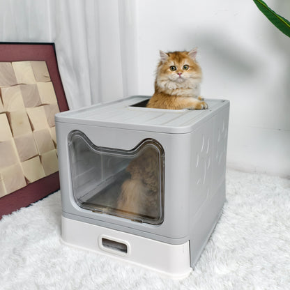 Stainless Steel Cat Litter Box w/ Scoop Enclosed Drawer Litter Box Odorless Gray