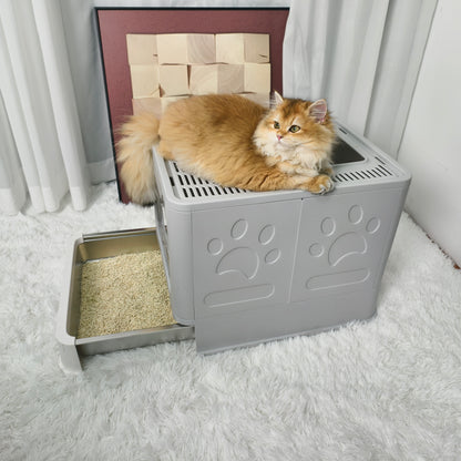 Stainless Steel Cat Litter Box w/ Scoop Enclosed Drawer Litter Box Odorless Gray