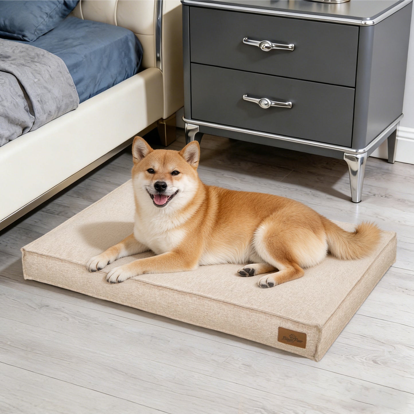 Soft Linen Dog Bed with Removable Washable Cover, Flat Pet Bed Mat for Crate, Shredded Foam Filled Puppy Pad with Non-Slip Bottom