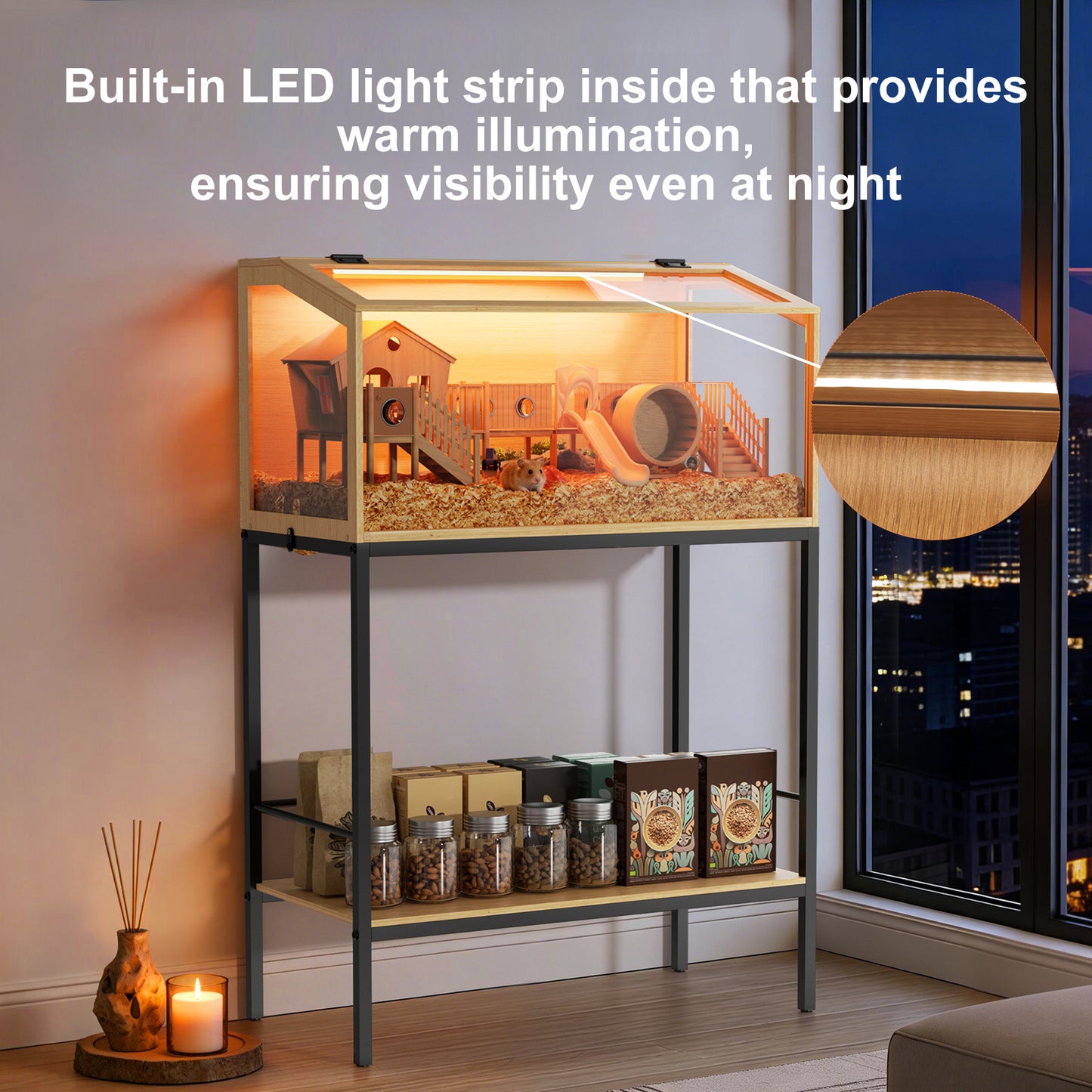 Hamster Cage with Stand: Indoor Wooden Hamster Cage Habitat Enclosure with Shelf Clear Tempered Glass Panel, Built-in LED Lights, for Gerbil, Hedgehog, Chew-proof