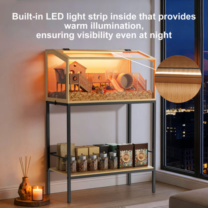 Hamster Cage with Stand: Indoor Wooden Hamster Cage Habitat Enclosure with Shelf Clear Tempered Glass Panel, Built-in LED Lights, for Gerbil, Hedgehog, Chew-proof