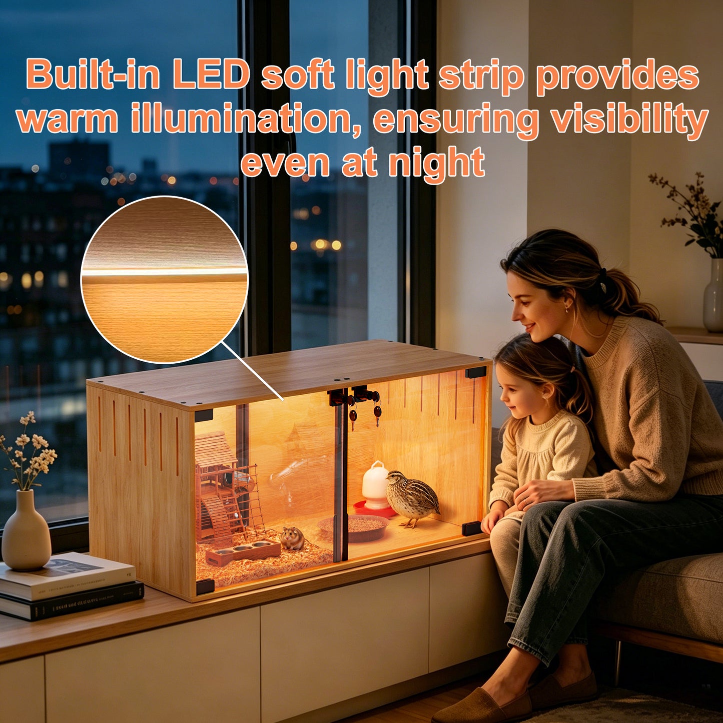 Wooden Pet Cage: Natural Wooden Hamster Guinea Pigs Cage Hedgehogs Enclosure with Tempered Glass Panels, Built-in LED Light, for Small Pets