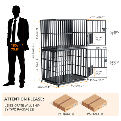 Stackable Dog Cage: Heavy Metal Dog Kennel Square Tube Cage with Double Layers Stackable Pet Crate w/ Casters, Removable Tray, Lock Latch