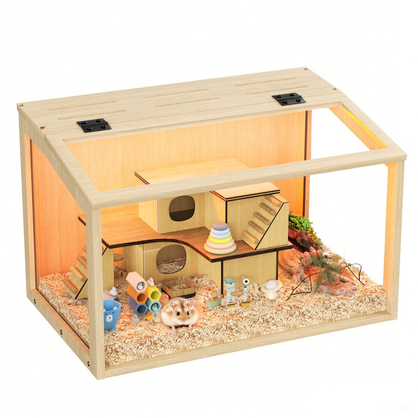 Chew-proof Hamster Cage: Indoor Wooden Hamster Cage with Clear Tempered Glass Panel, Built-in Light, Tabletop Hamsters Habitat Enclosure for Pets