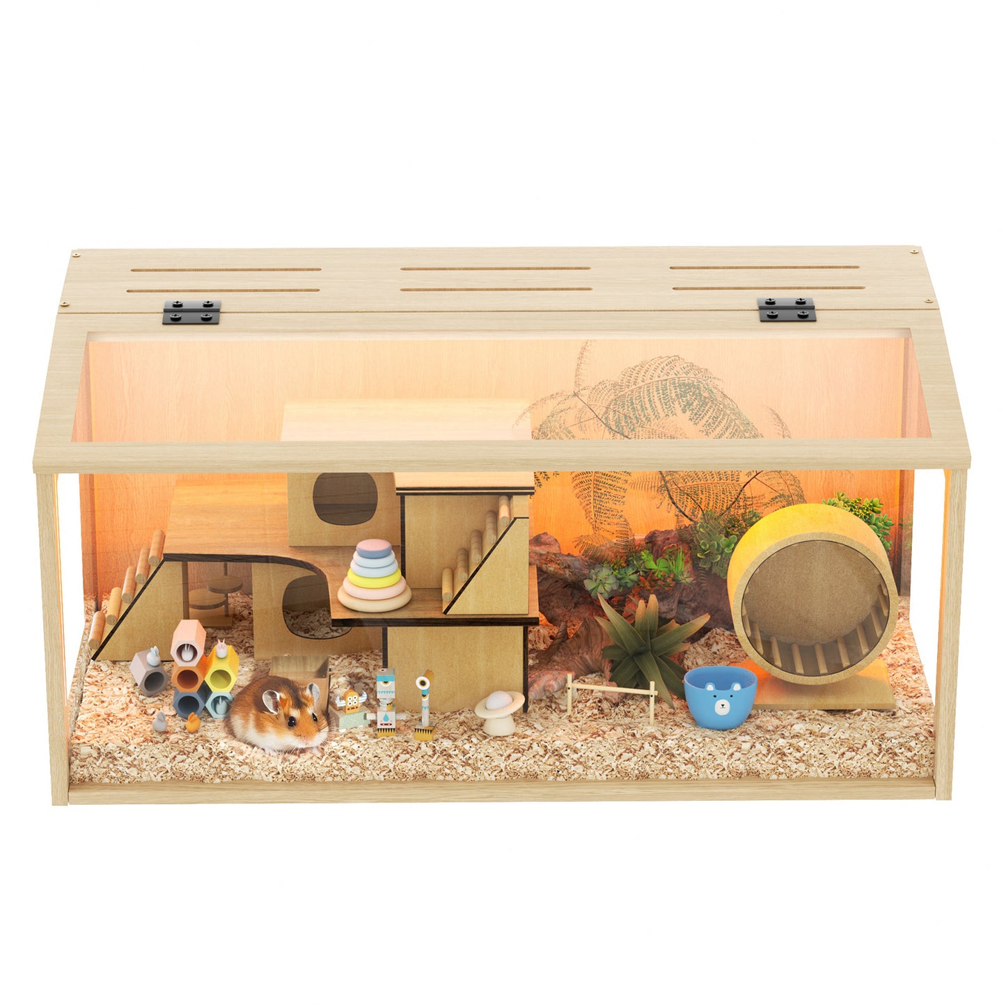 Chew-proof Hamster Cage: Indoor Wooden Hamster Cage with Clear Tempered Glass Panel, Built-in Light, Tabletop Hamsters Habitat Enclosure for Pets