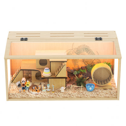 Chew-proof Hamster Cage: Indoor Wooden Hamster Cage with Clear Tempered Glass Panel, Built-in Light, Tabletop Hamsters Habitat Enclosure for Pets