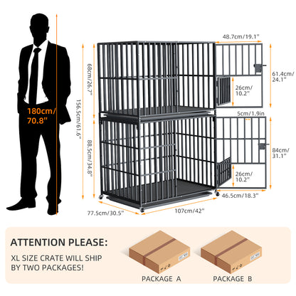 Stackable Dog Cage: Heavy Metal Dog Kennel Square Tube Cage with Double Layers Stackable Pet Crate w/ Casters, Removable Tray, Lock Latch