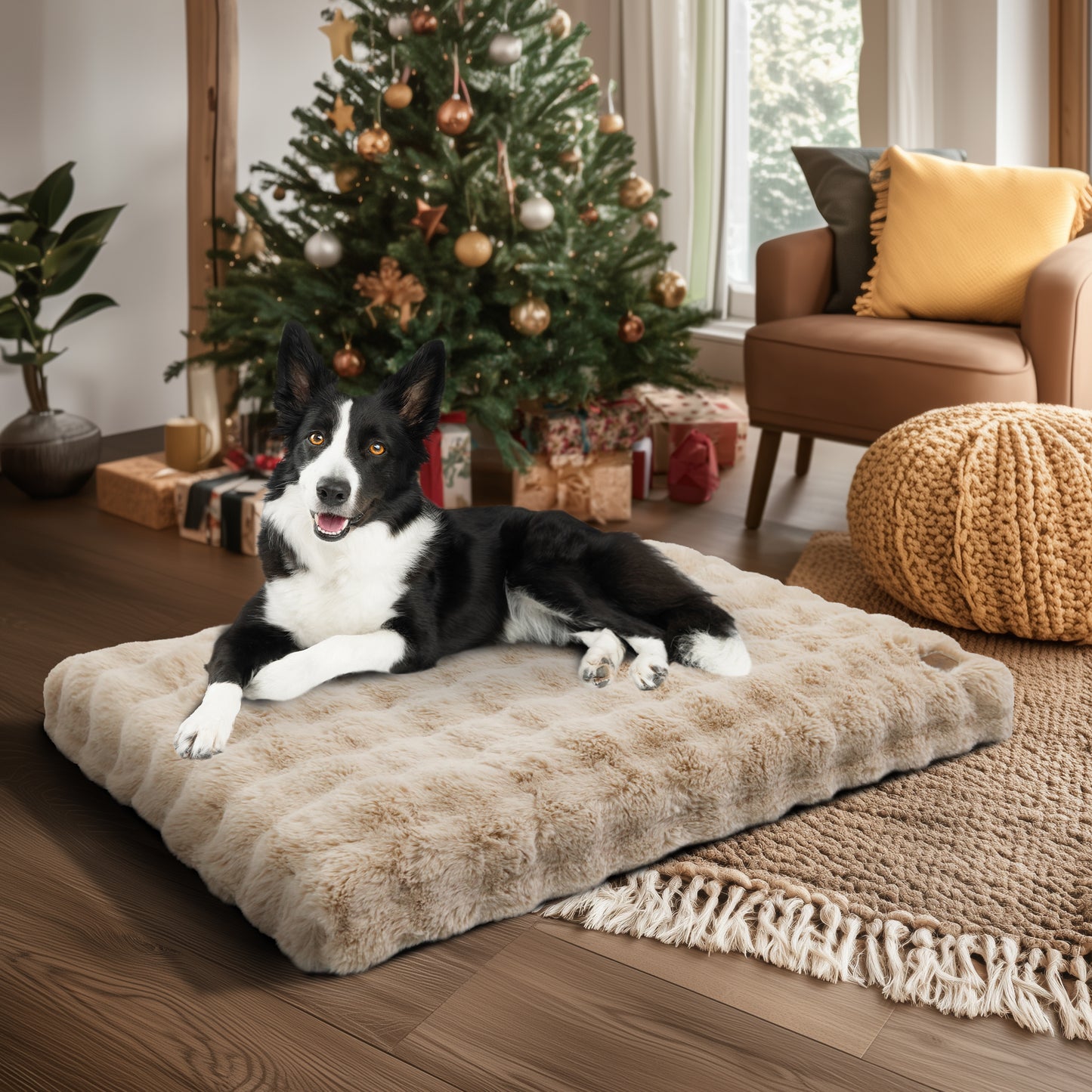 2025 Fluffy Dog Cat Bed: Deluxe Plush Dog Bed with Supportive Base Comfort Pet Sleeping Mat Crate Bed with Removable Cover for Different Sizes Dogs Breeds