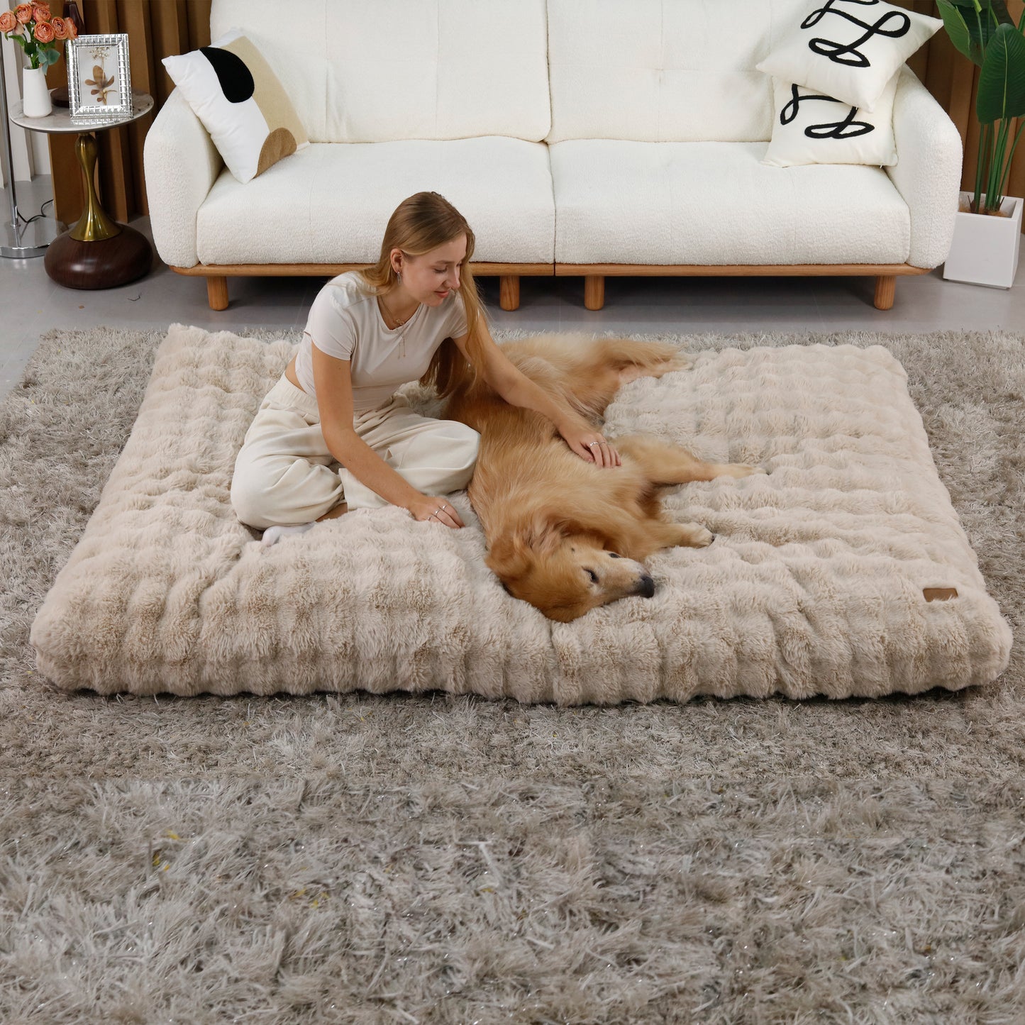 2025 Fluffy Dog Cat Bed: Deluxe Plush Dog Bed with Supportive Base Comfort Pet Sleeping Mat Crate Bed with Removable Cover for Different Sizes Dogs Breeds