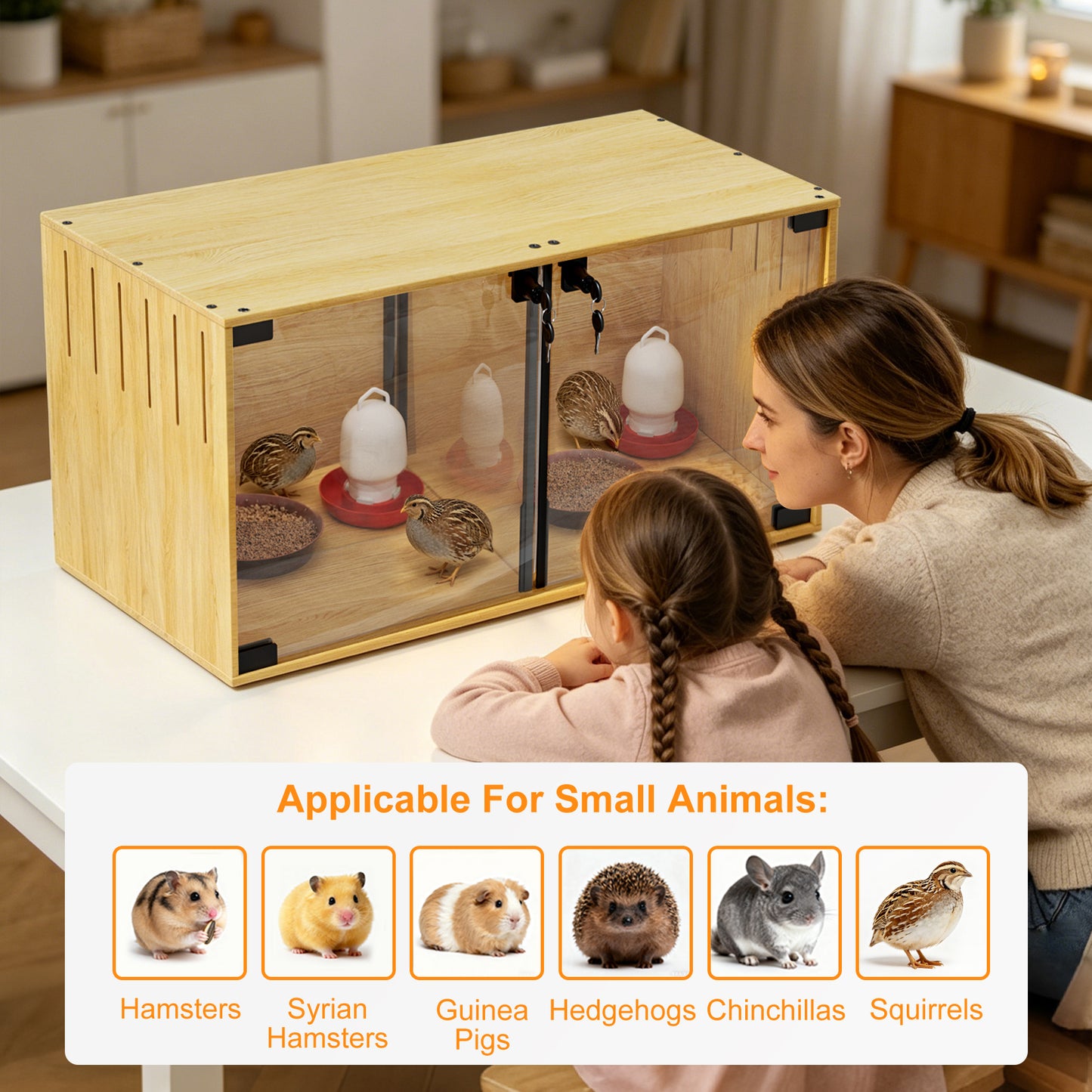 Wooden Pet Cage: Natural Wooden Hamster Guinea Pigs Cage Hedgehogs Enclosure with Tempered Glass Panels, Built-in LED Light, for Small Pets