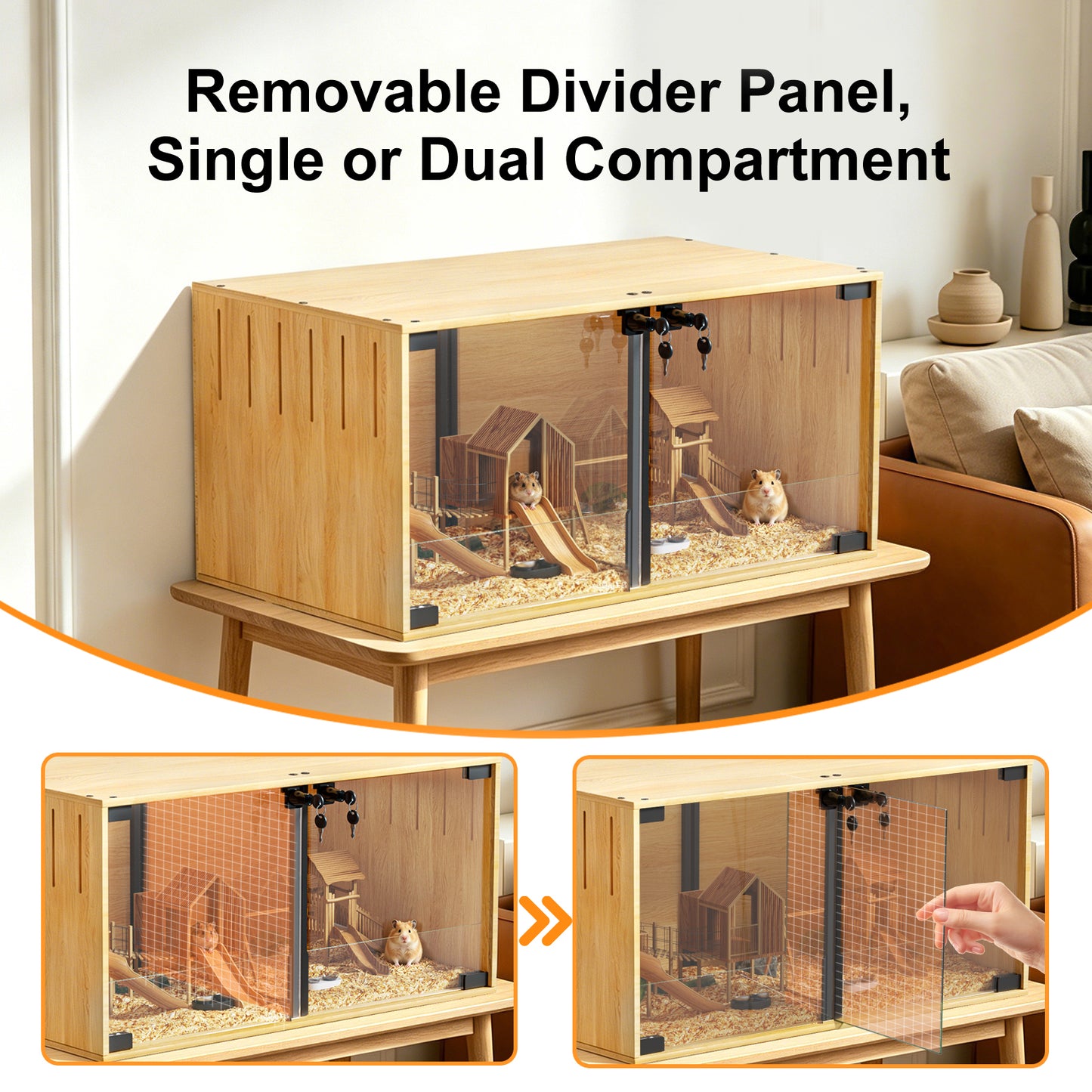 Wooden Pet Cage: Natural Wooden Hamster Guinea Pigs Cage Hedgehogs Enclosure with Tempered Glass Panels, Built-in LED Light, for Small Pets