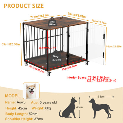 2025 Dog Crate Furniture: Self-Innovative Furniture Style Tempered Glass Dog Cage w/ Side Table Iron Ventilated Bars, Anti-bite Pet Kennel Indoor