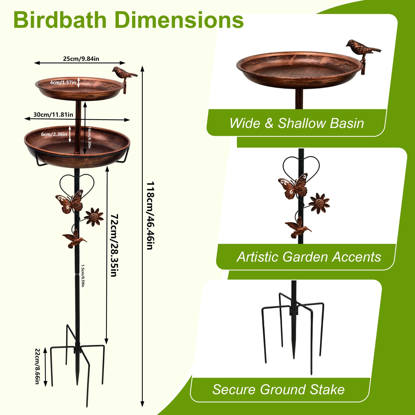 2 Tier Outdoor Bird Bath and Feeder, Decorative Standing Bird Bath for Outside Yard, Heavy Duty Garden Bird Feeder Station, Aged Bronze