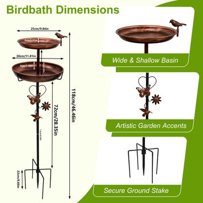 2 Tier Outdoor Bird Bath and Feeder, Decorative Standing Bird Bath for Outside Yard, Heavy Duty Garden Bird Feeder Station, Aged Bronze