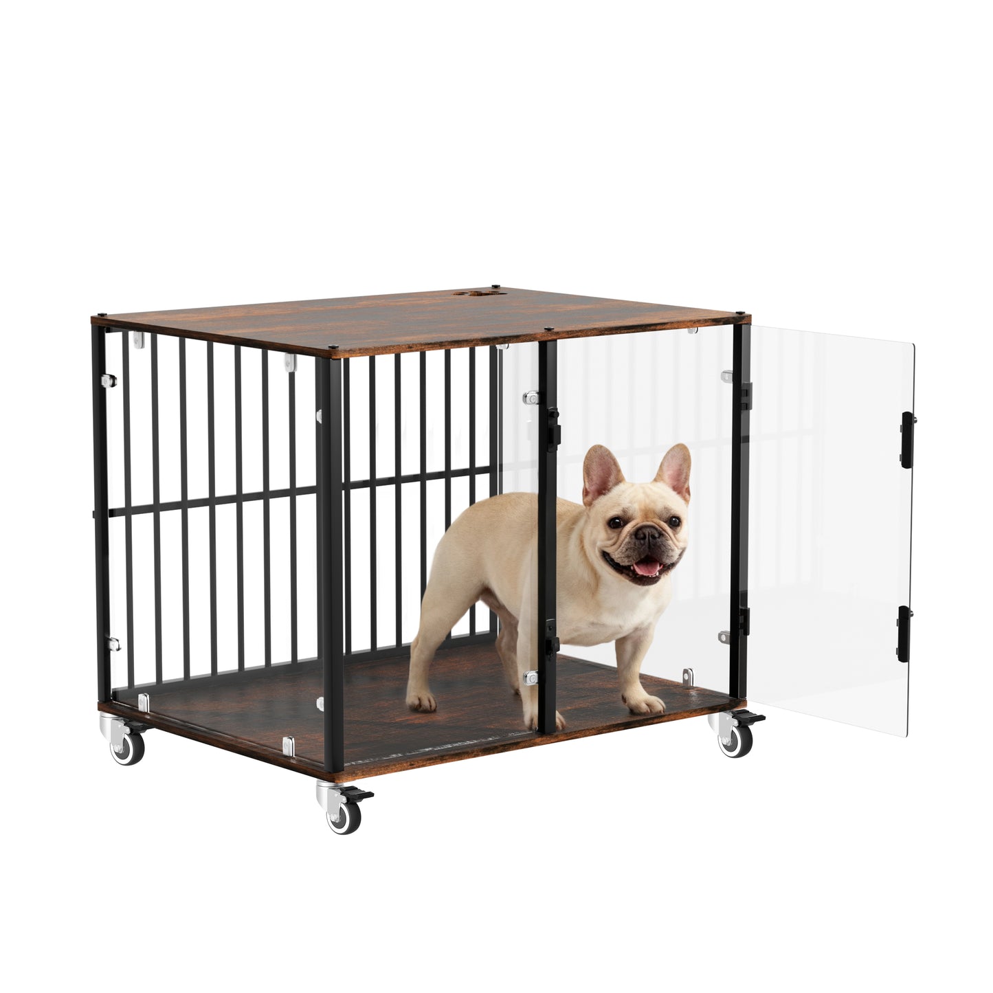 2025 Dog Crate Furniture: Self-Innovative Furniture Style Tempered Glass Dog Cage w/ Side Table Iron Ventilated Bars, Anti-bite Pet Kennel Indoor