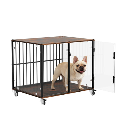 2025 Dog Crate Furniture: Self-Innovative Furniture Style Tempered Glass Dog Cage w/ Side Table Iron Ventilated Bars, Anti-bite Pet Kennel Indoor