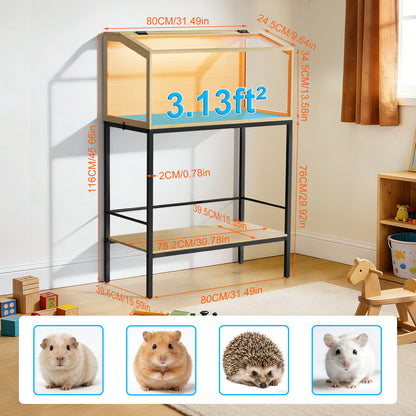 Hamster Cage with Stand: Indoor Wooden Hamster Cage Habitat Enclosure with Shelf Clear Tempered Glass Panel, Built-in LED Lights, for Gerbil, Hedgehog, Chew-proof