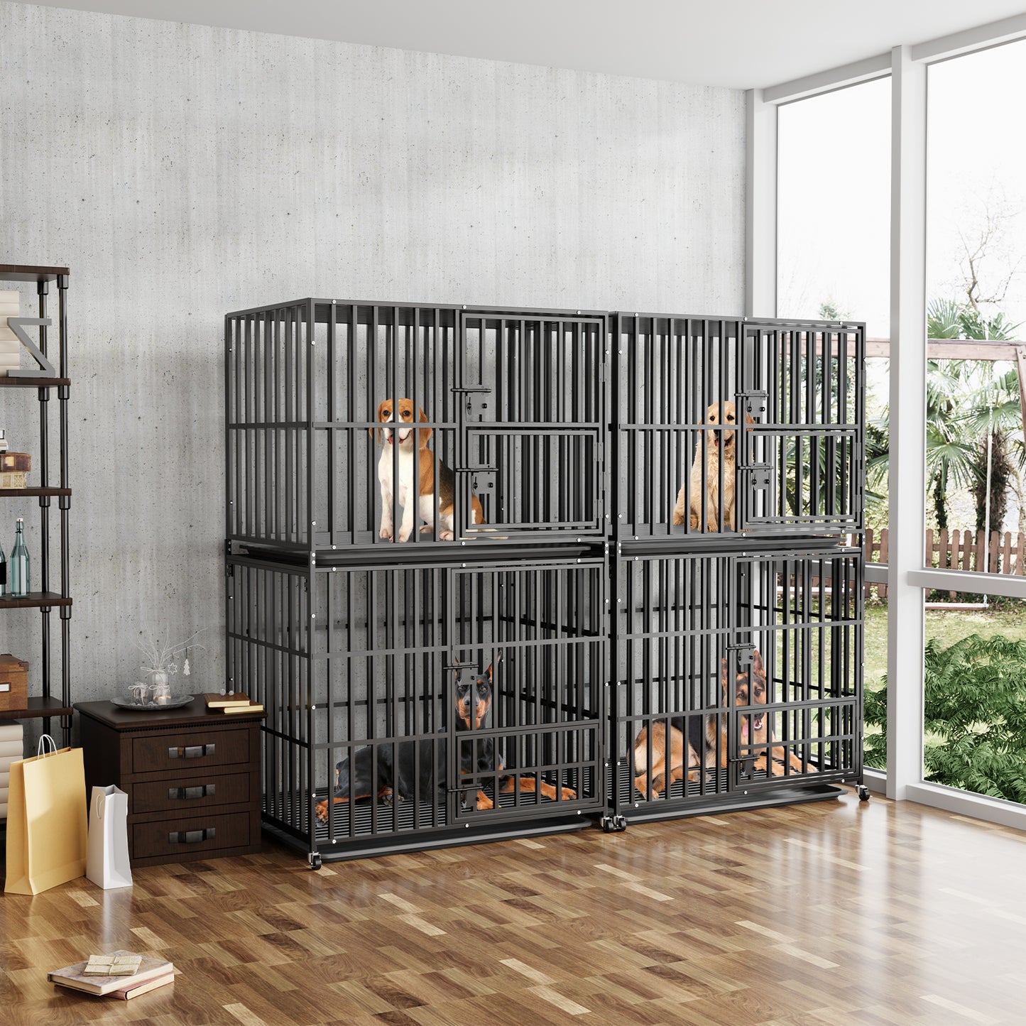 Stackable Dog Cage: Heavy Metal Dog Kennel Square Tube Cage with Double Layers Stackable Pet Crate w/ Casters, Removable Tray, Lock Latch