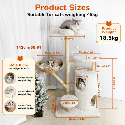 2025 NEW 56 Inches Modern Cat Tree Tower with Basket and Perch, Cat Furniture for Big Cats