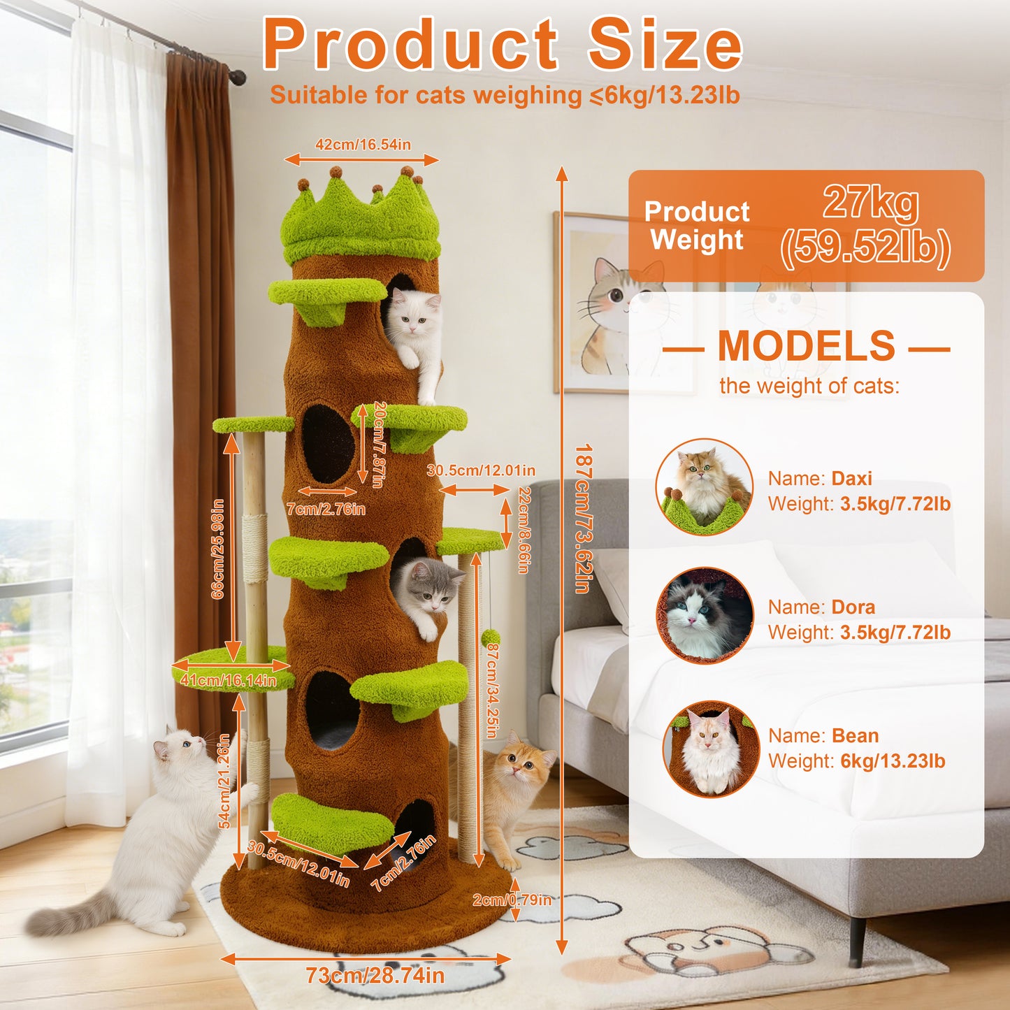 Large Cat Tree 73 Inch Modern Tall Cat Tree Tower, Tree Trunk Cat Condo with Multi-Level Platforms, Wooden Cat Tree for Indoor Multiple Cats and Kittens