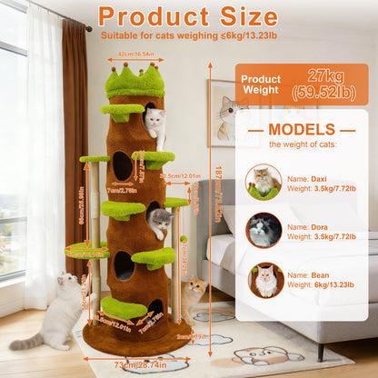 Large Cat Tree 73 Inch Modern Tall Cat Tree Tower, Tree Trunk Cat Condo with Multi-Level Platforms, Wooden Cat Tree for Indoor Multiple Cats and Kittens
